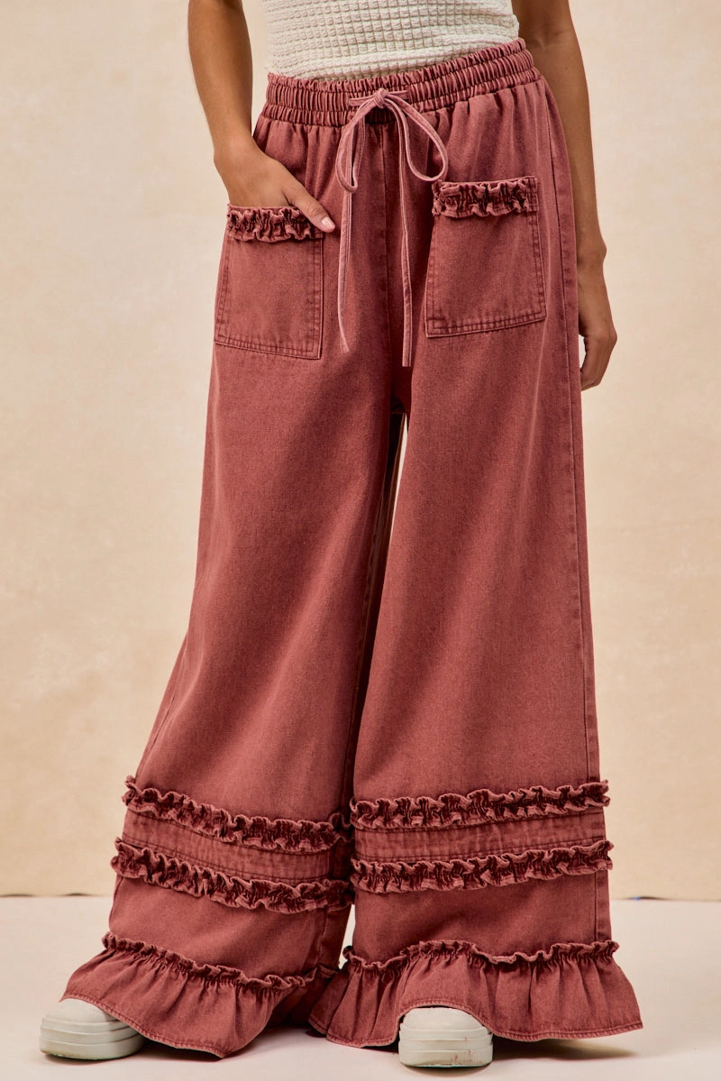 IB1853H-01 | WASHED DENIM WIDE PANTS WITH RUFFLED DETAILS Mood Booster Chill Lines