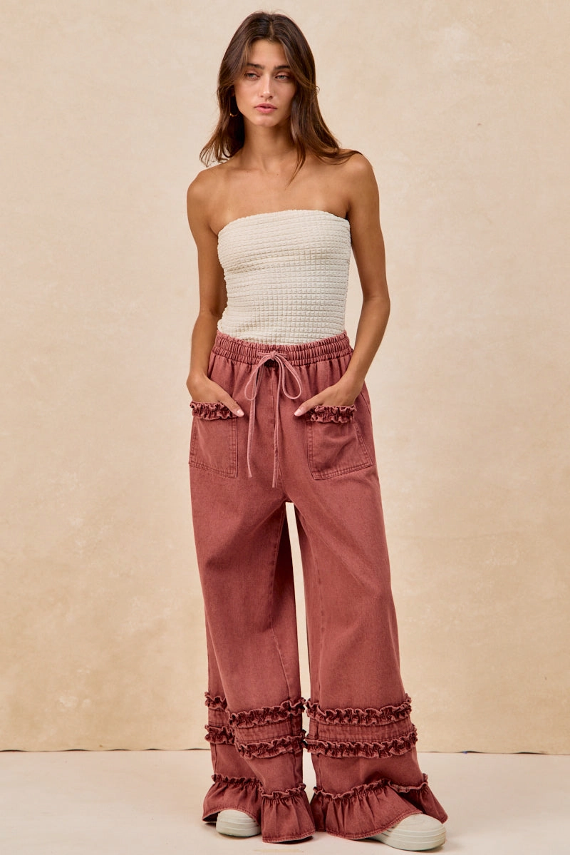 Evening-Wear IB1853H-01 | WASHED DENIM WIDE PANTS WITH RUFFLED DETAILS