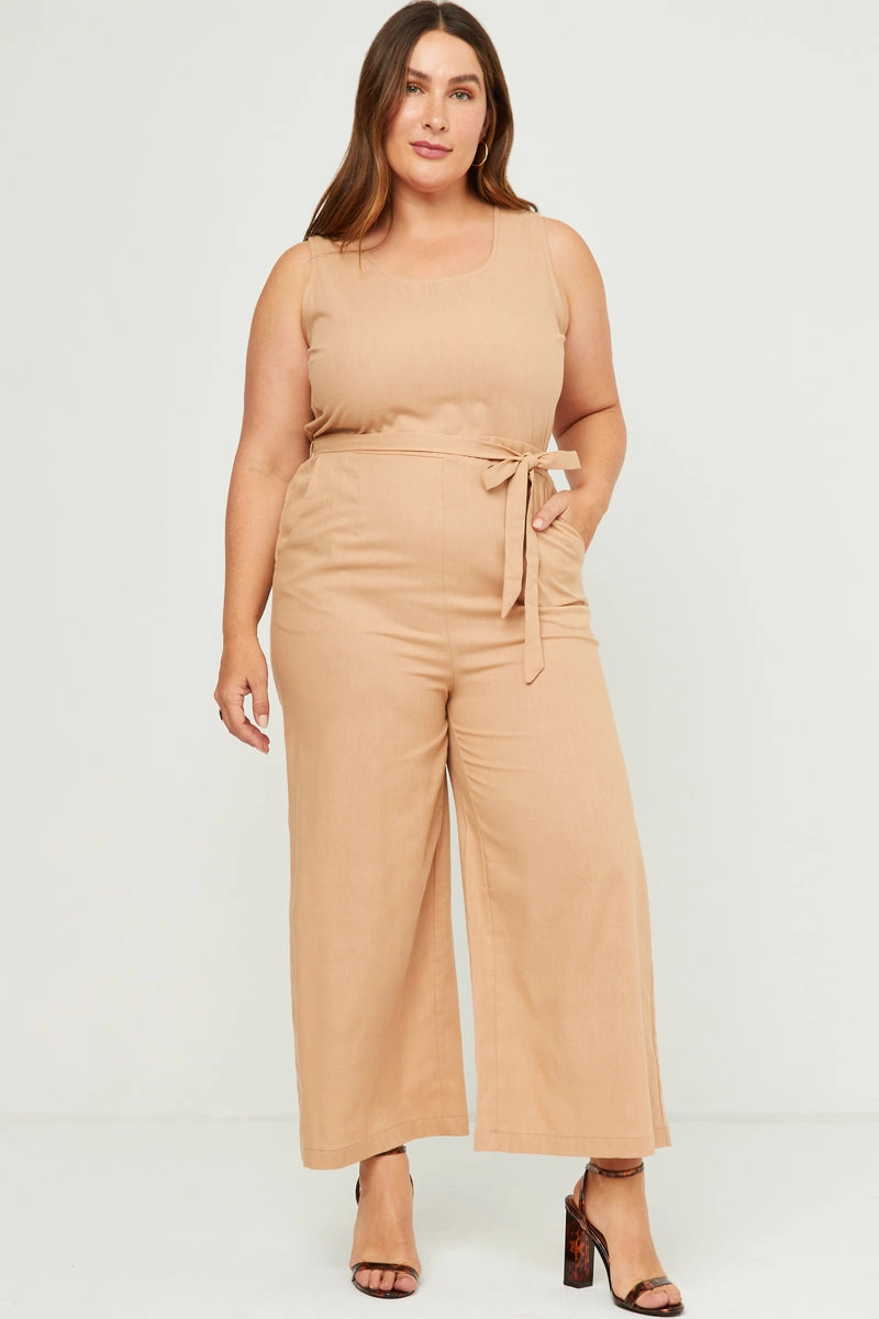 Scoop Neck Sleeveless Straight Leg Belted Jumpsuit Quiet Mood