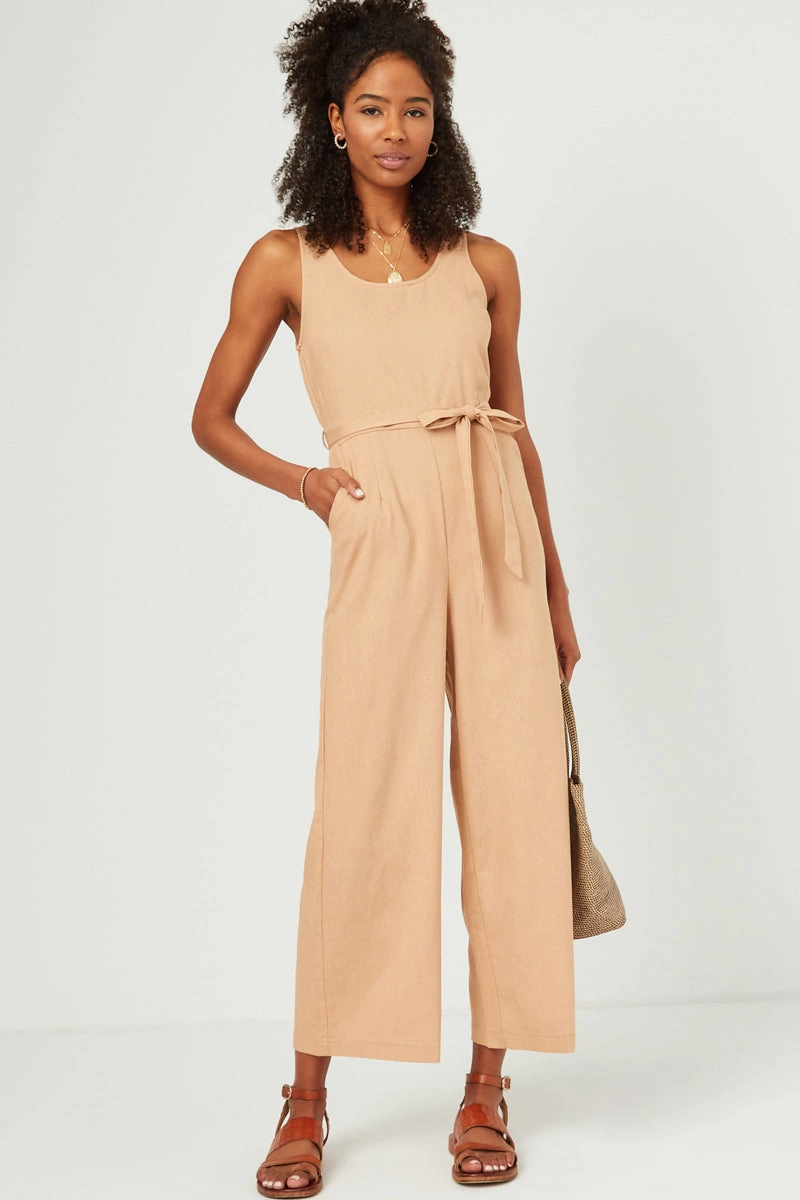 Scoop Neck Sleeveless Straight Leg Belted Jumpsuit Heart Tone Timeless Energy