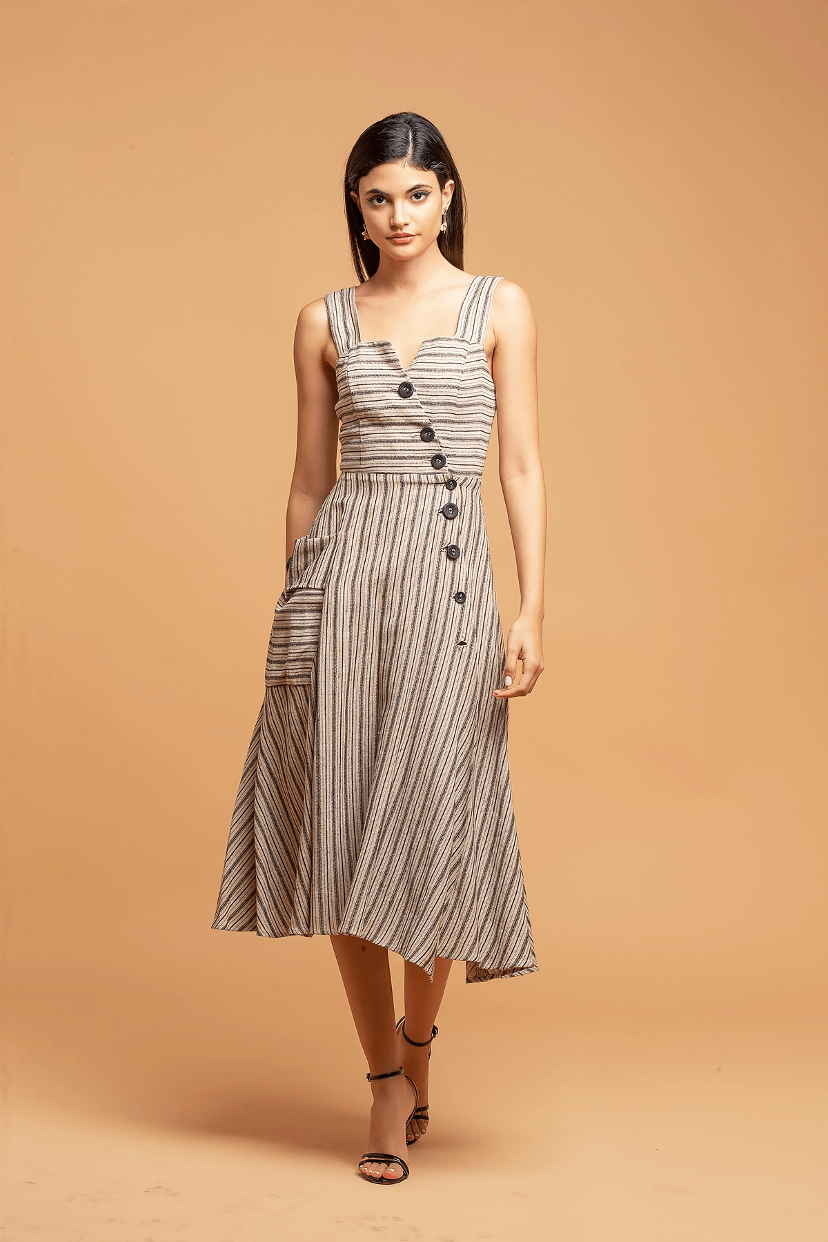 Screen Print Striped Utility Midi Dress