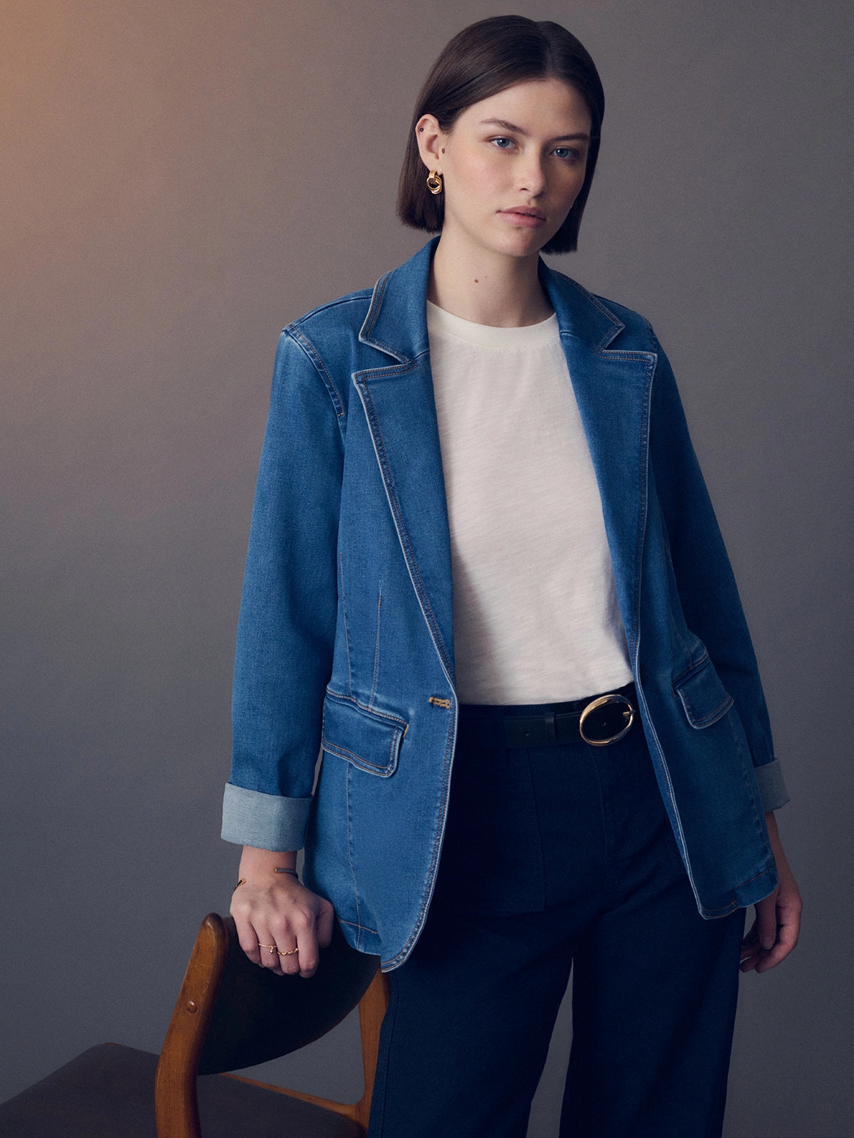 Sculpted Denim Blazer Best In Show rain walk