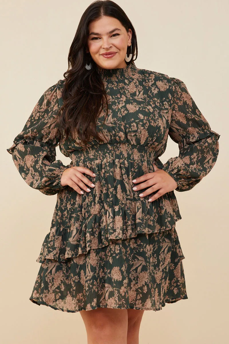 Bishop-Sleeve Pleat Textured Antique Floral Ruffle Detail Dress