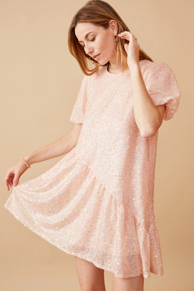 Sequined Asymmetric Hem Puff Sleeve Dress Light Shape