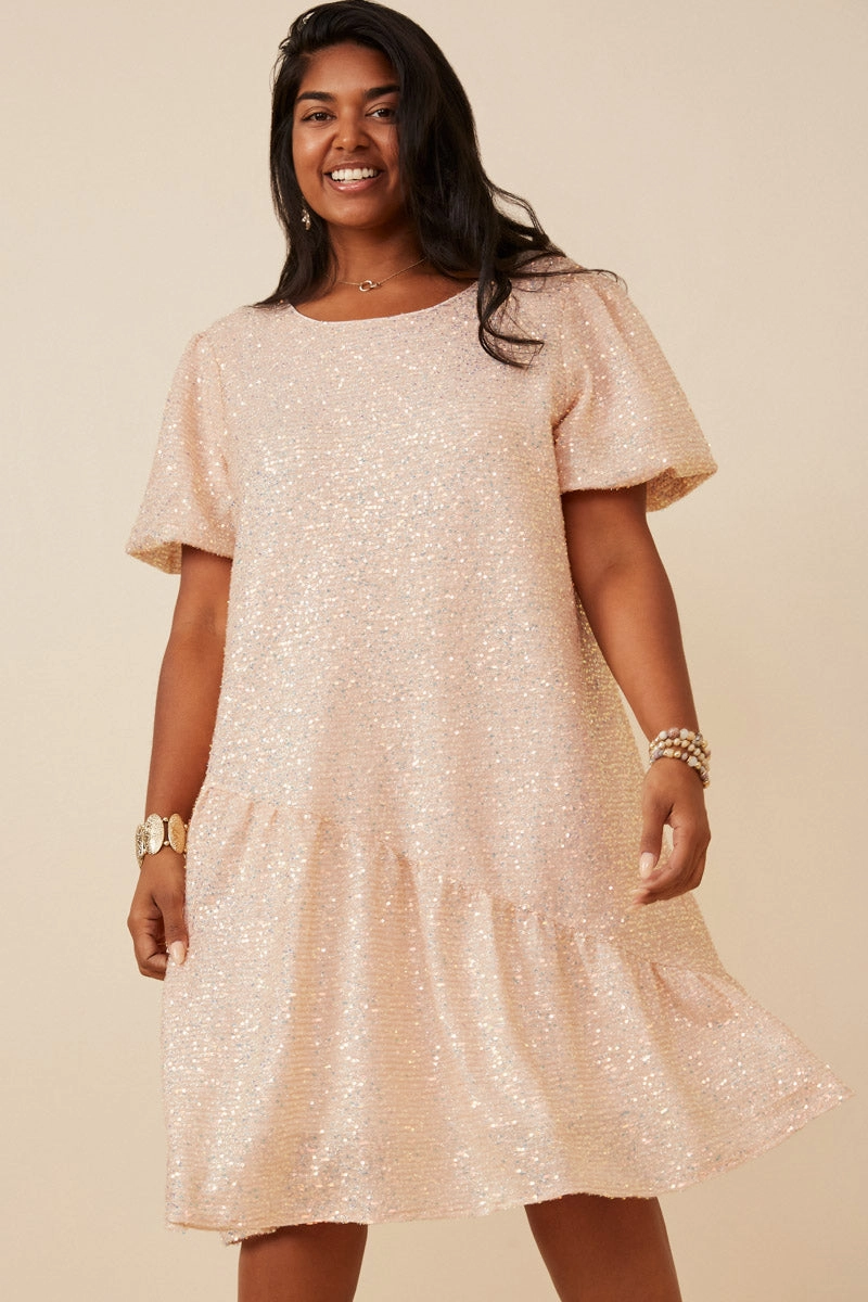 Photo Bright Sequined Asymmetric Hem Puff Sleeve Dress
