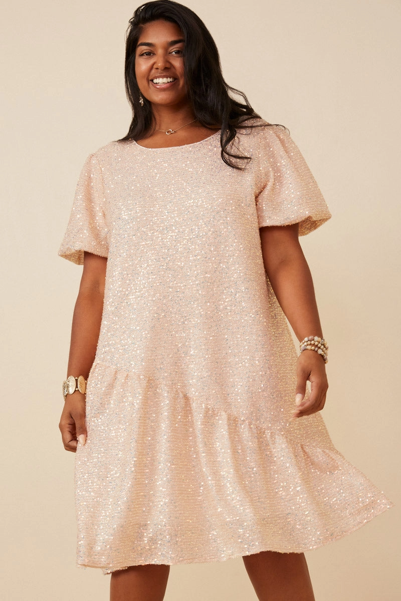 Sequined Asymmetric Hem Puff Sleeve Dress Smooth Touch Lined interior