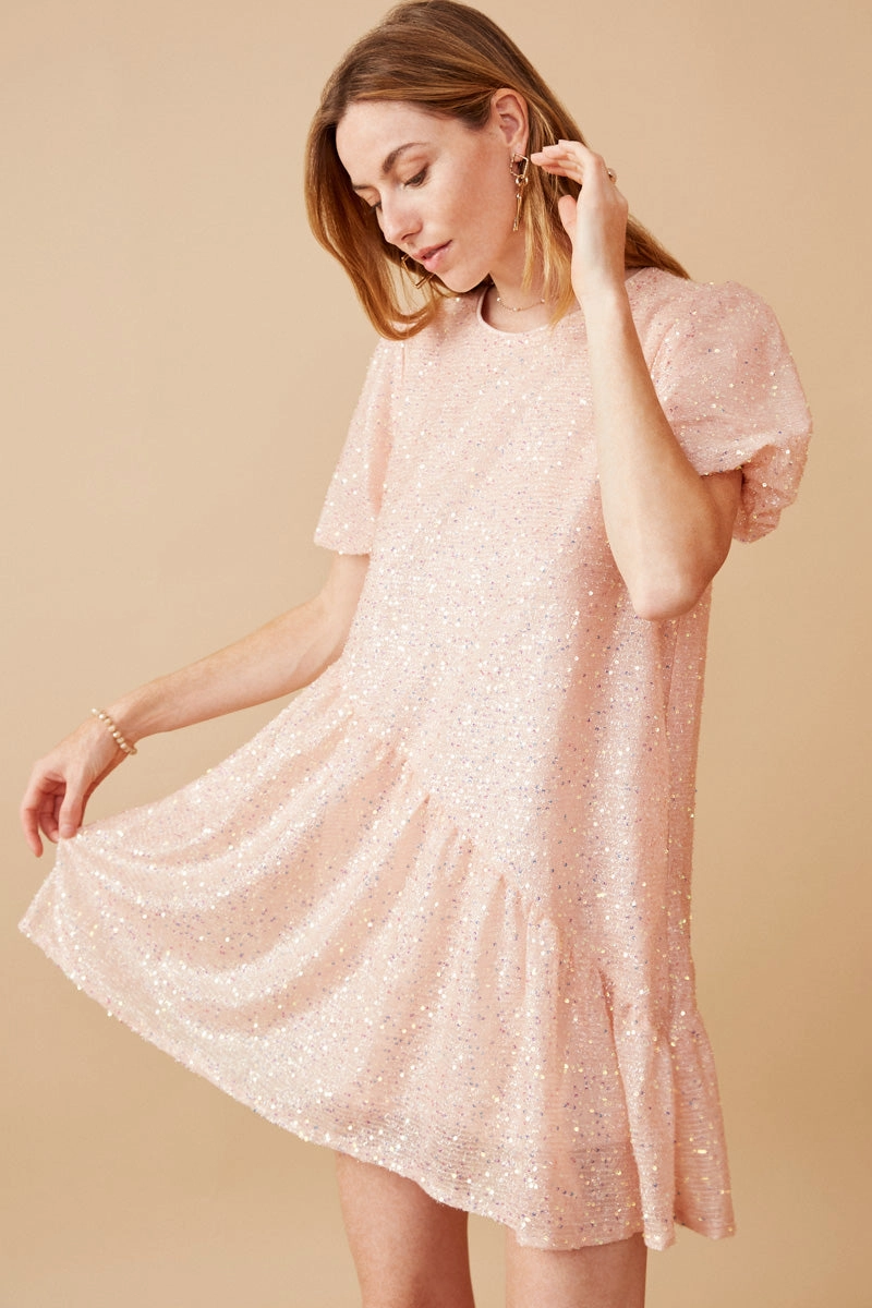 Sequined Asymmetric Hem Puff Sleeve Dress Cool Form spring fashion
