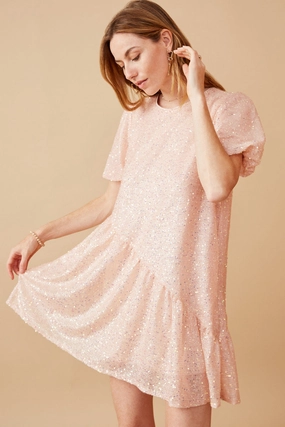 Sequined Asymmetric Hem Puff Sleeve Dress Light Shape
