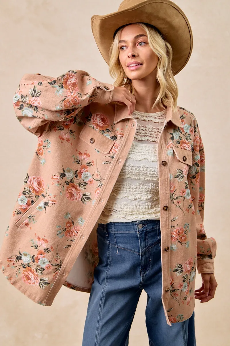 IT4619G-01 | FLORAL PRINTED FAKE FLAP POCKETS OVERSIZED SHACKET Holiday Trip