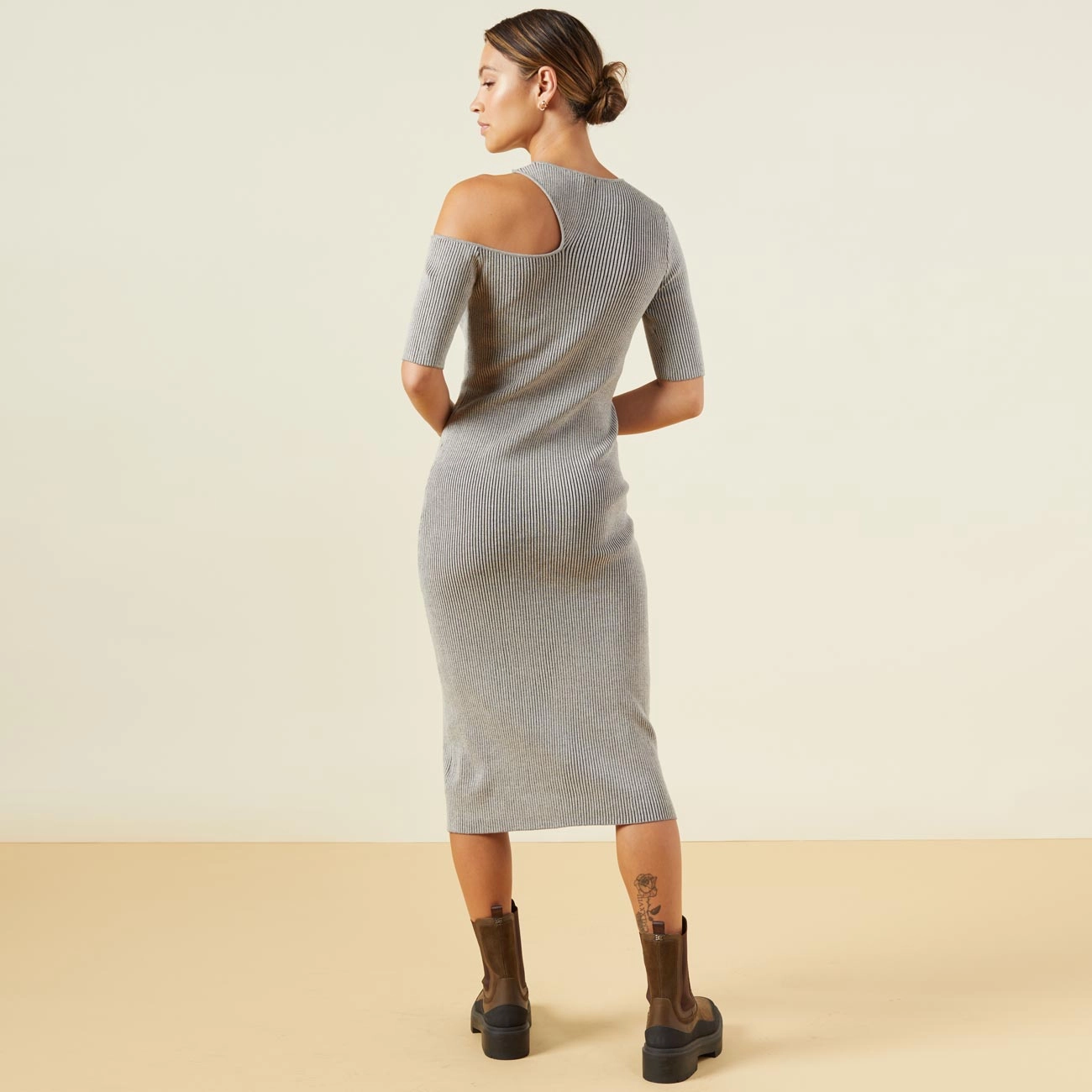 Sharp Cut Sweater Rib Cut Out Dress