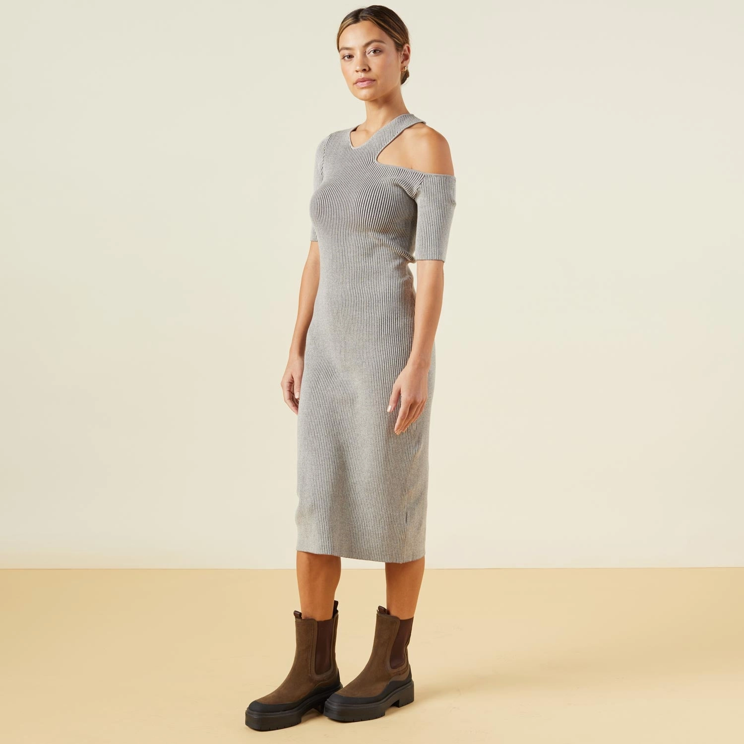 Sharp Cut Sweater Rib Cut Out Dress