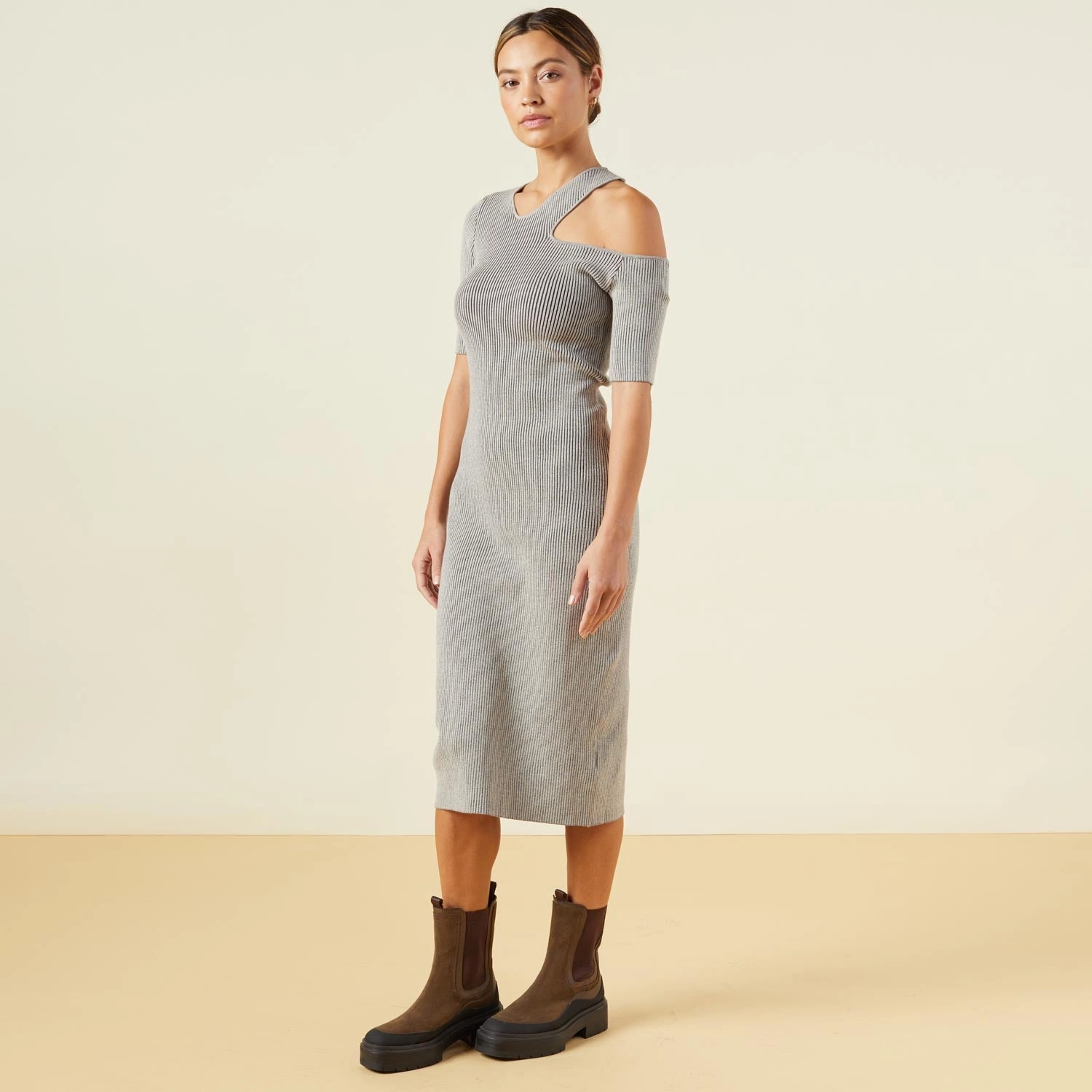 Sharp Cut Sweater Rib Cut Out Dress