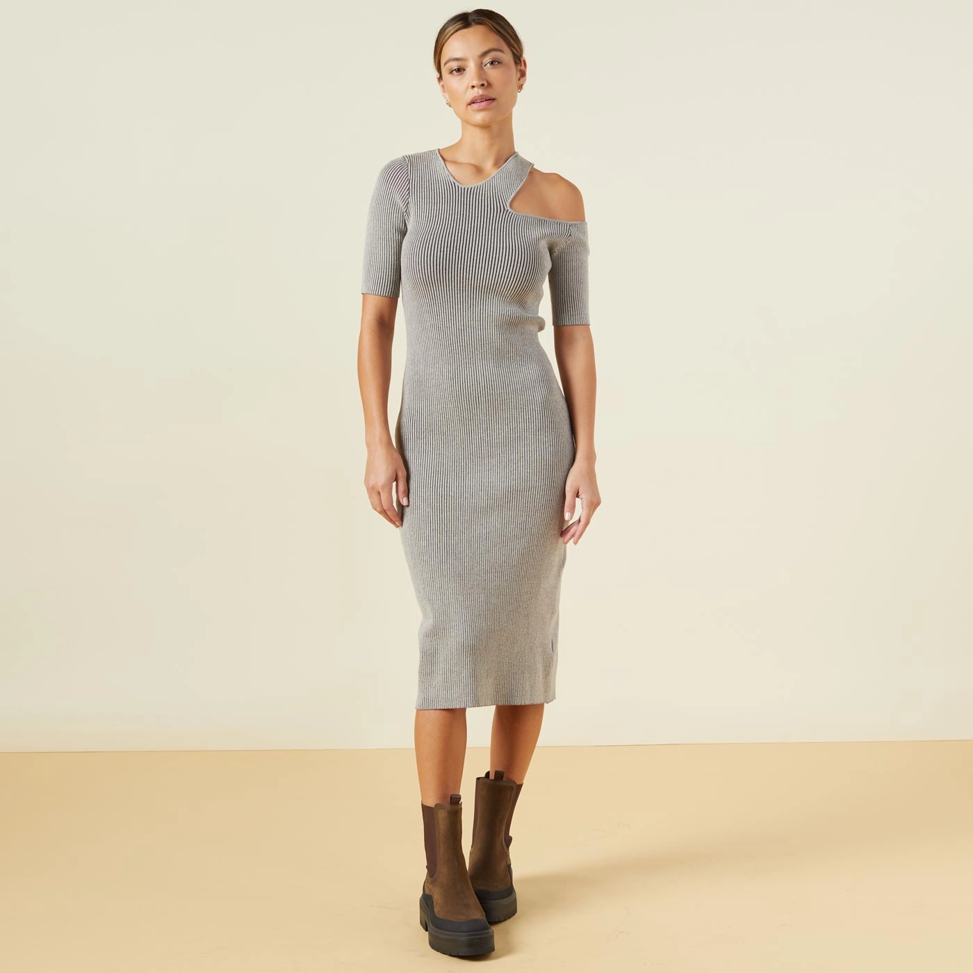 Sweater Rib Cut Out Dress Matte Texture