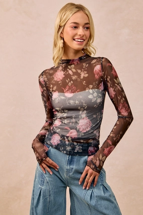 IT4077S-06 | FLOWER PRINTED MESH LACE TOP WITH THUMB OPENING Transitional Daily Fit Mark Style