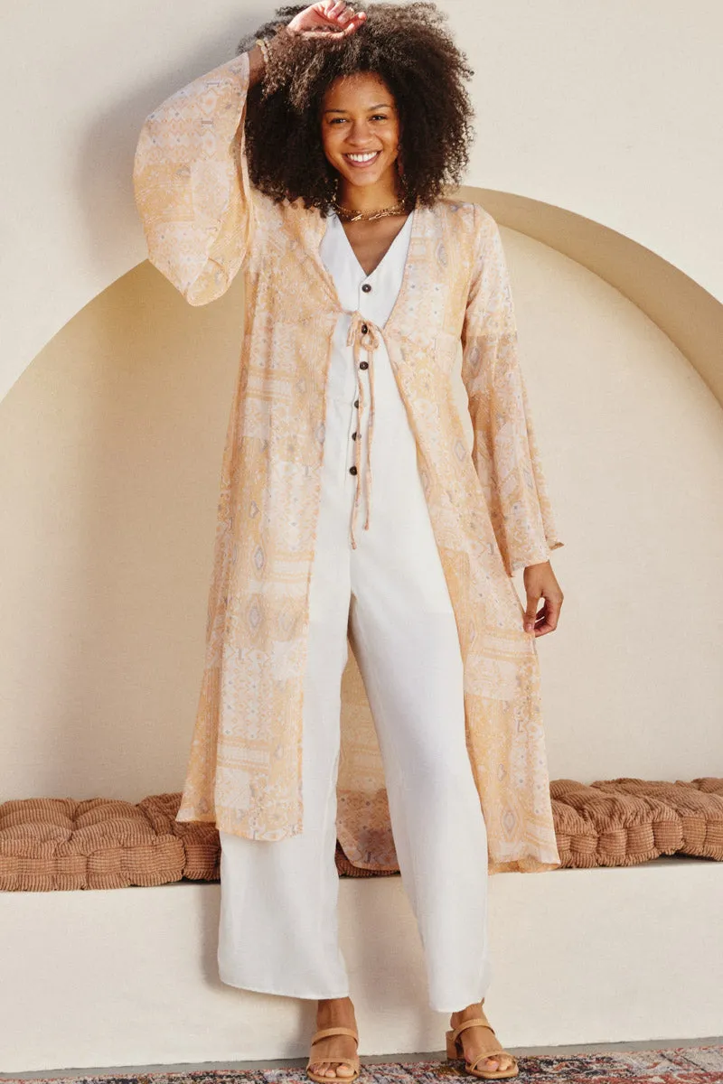 New Cut Sheer Patch Print Chiffon Tie Duster