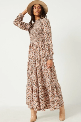 Cinched Cuff Floral Print Smocked Dress High-Fashion Effortless Mood