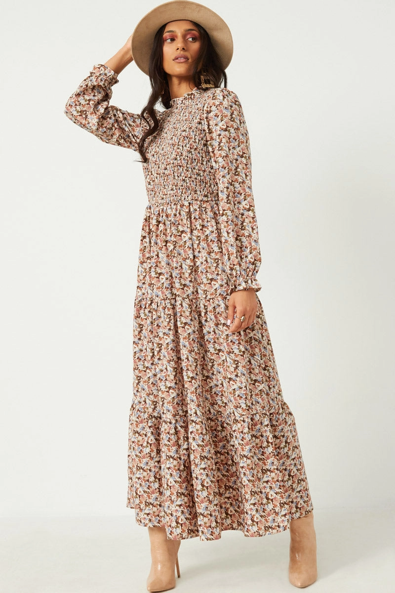 Cinched Cuff Floral Print Smocked Dress High-Fashion Effortless Mood