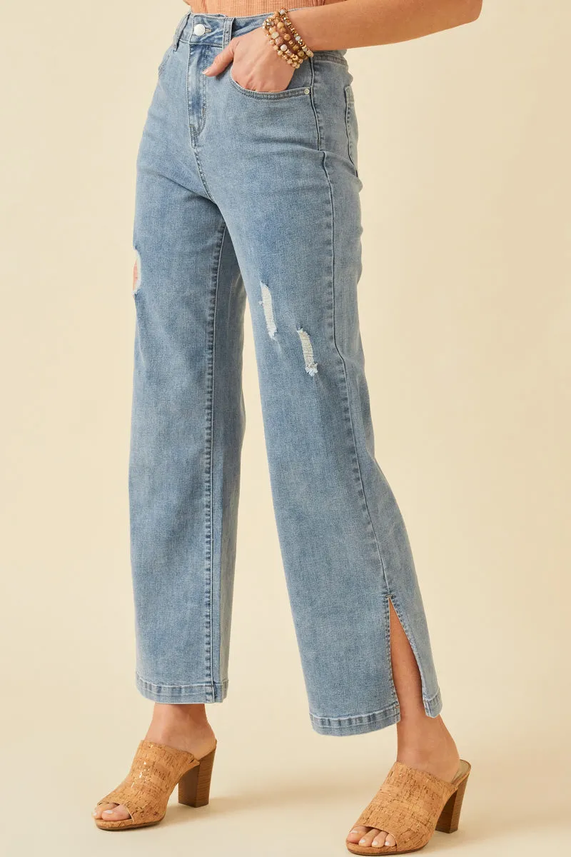 Air Circulation Side Slit Distressed Bootcut Stretch Denim