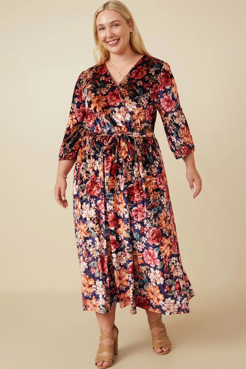 Work Mood Floral Surplice Belted Velvet Dress