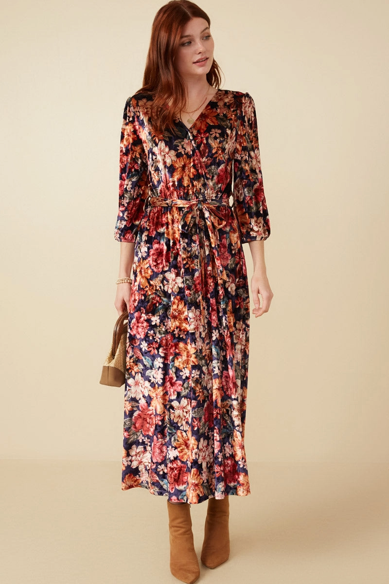 Neutral Finish Floral Surplice Belted Velvet Dress