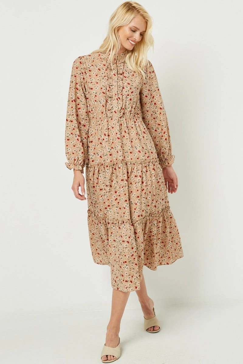 Ruffle Placket Floral Print Maxi Dress Silky Shine Urban Style