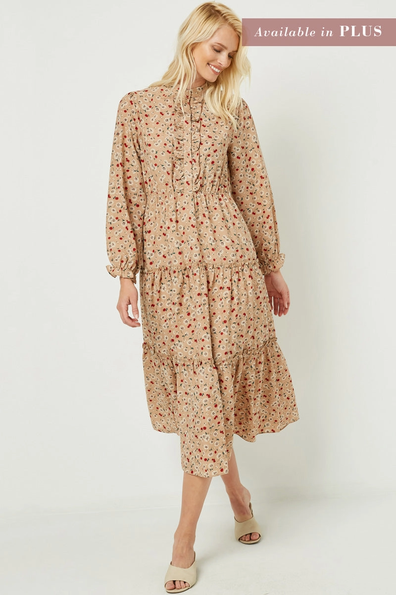 Satin Touch Ruffle Placket Floral Print Maxi Dress