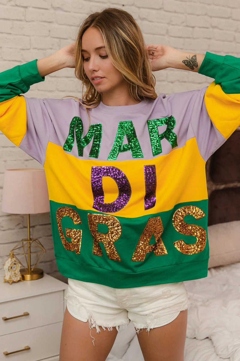 Wardrobe Essential IT1508G-52 | SEQUIN MARDI GRAS LETTERING COLOR BLOCK SWEATSHIRT