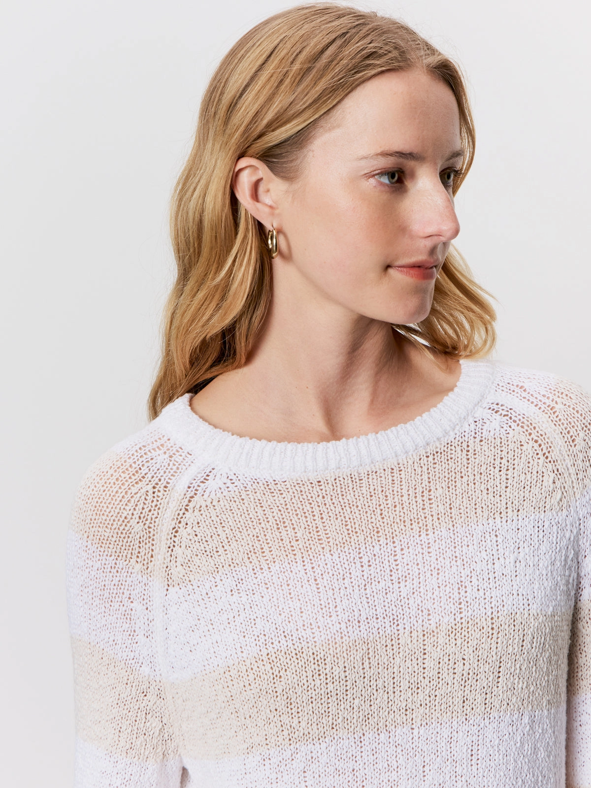 Simple Elegance Textured Raglan Crew Sweater White/ Light Oat Stripe