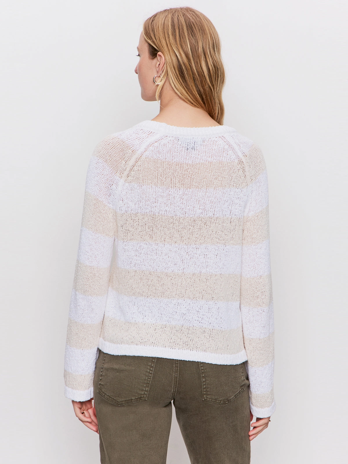 Simple Elegance Textured Raglan Crew Sweater White/ Light Oat Stripe