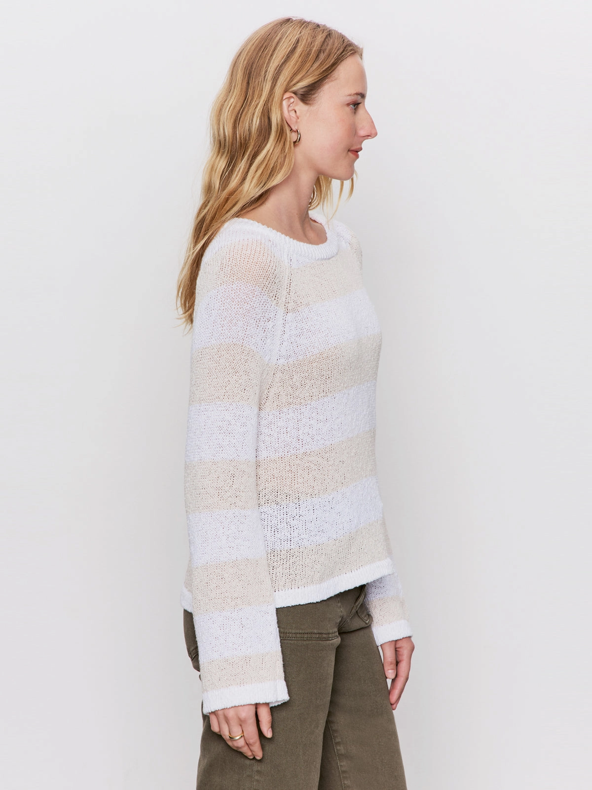 Simple Elegance Textured Raglan Crew Sweater White/ Light Oat Stripe