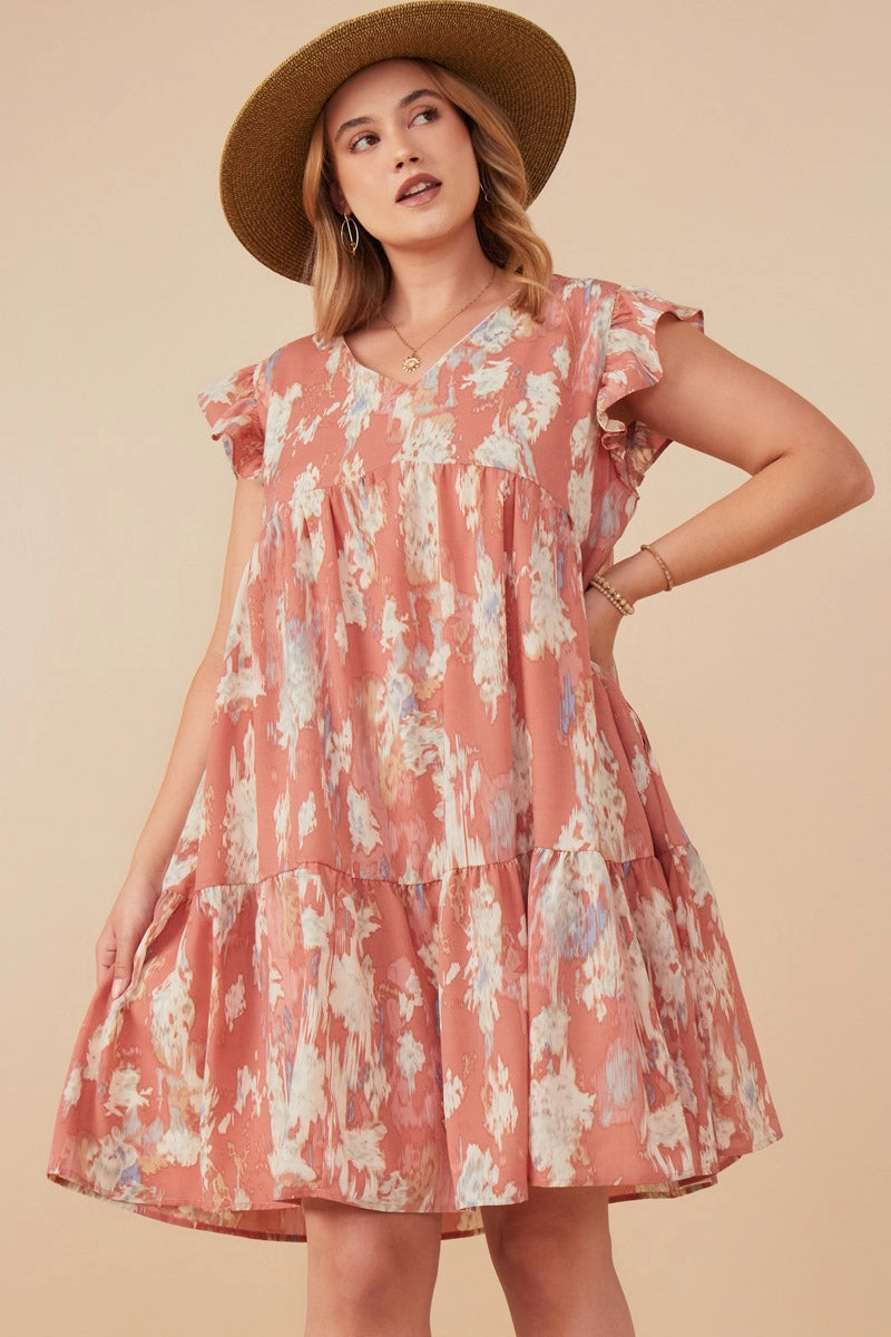 Confident Touch Watercolor V Neck Tiered Ruffled Dress