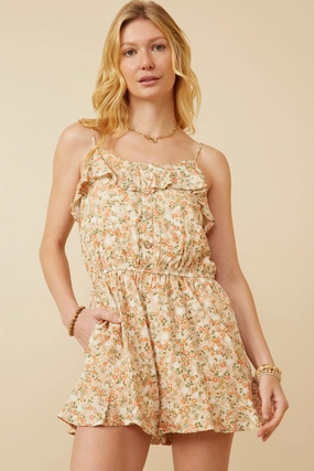 Chill Edge Ditsy Floral Button Detail Ruffle Tank Romper
