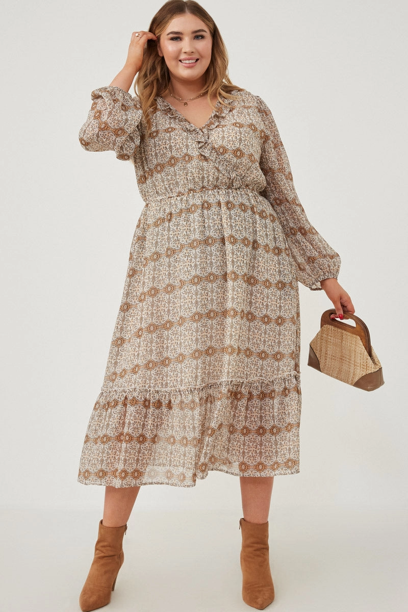 Printed Long Sleeve Ruffled Surplice Dress Bust-Enhancing Fine Texture