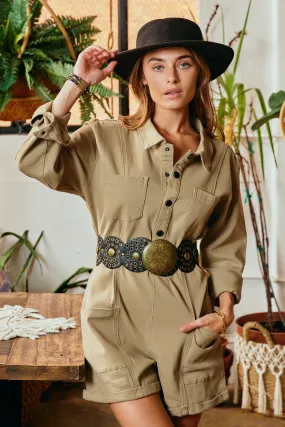 Button Up Cargo Pocket Long Sleeve Romper Crystal-Detail Feminine Fit