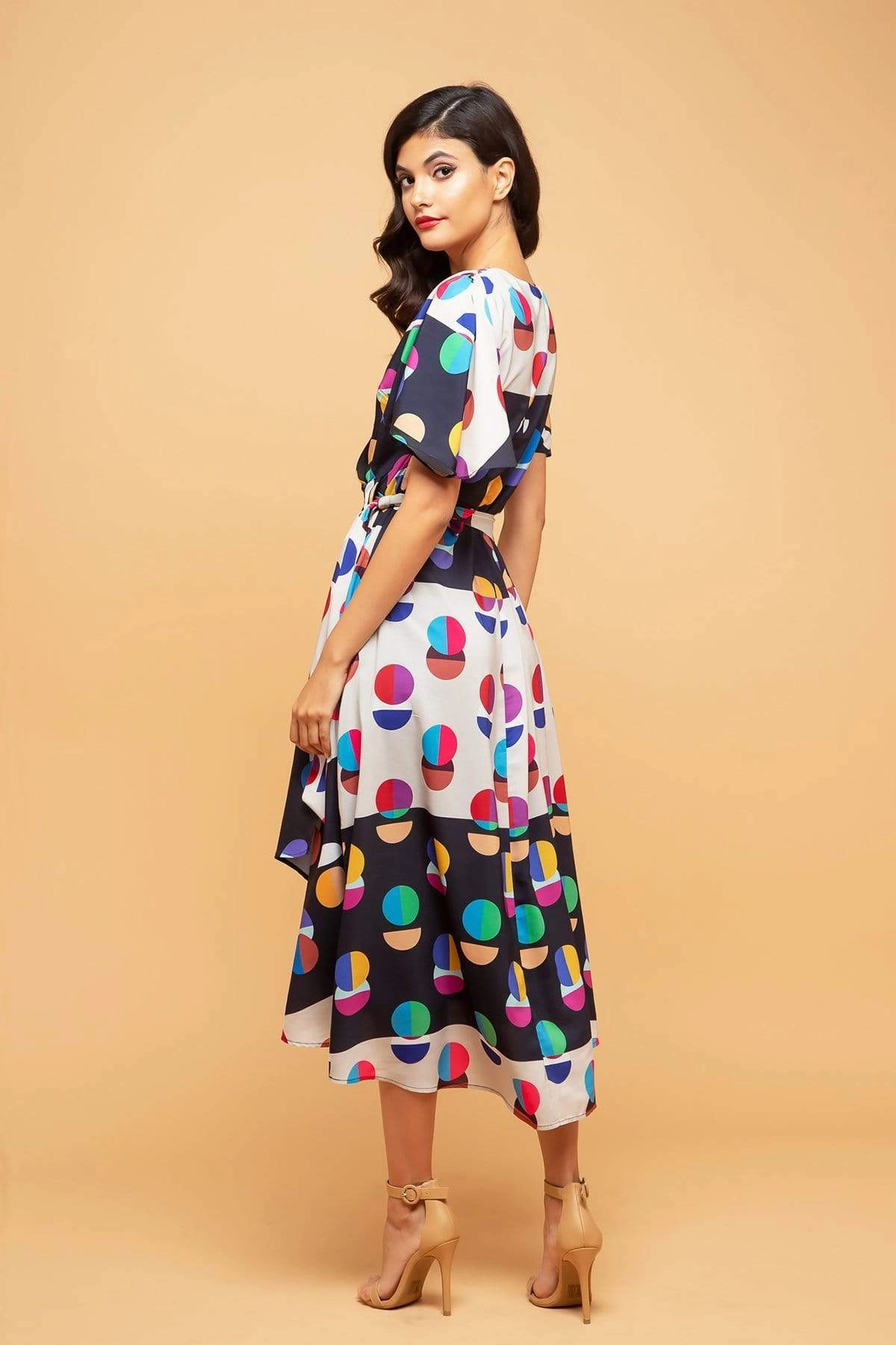 Skater Shape Marika Faux Wrap Dress With Dolman Sleeves - Miro Dot