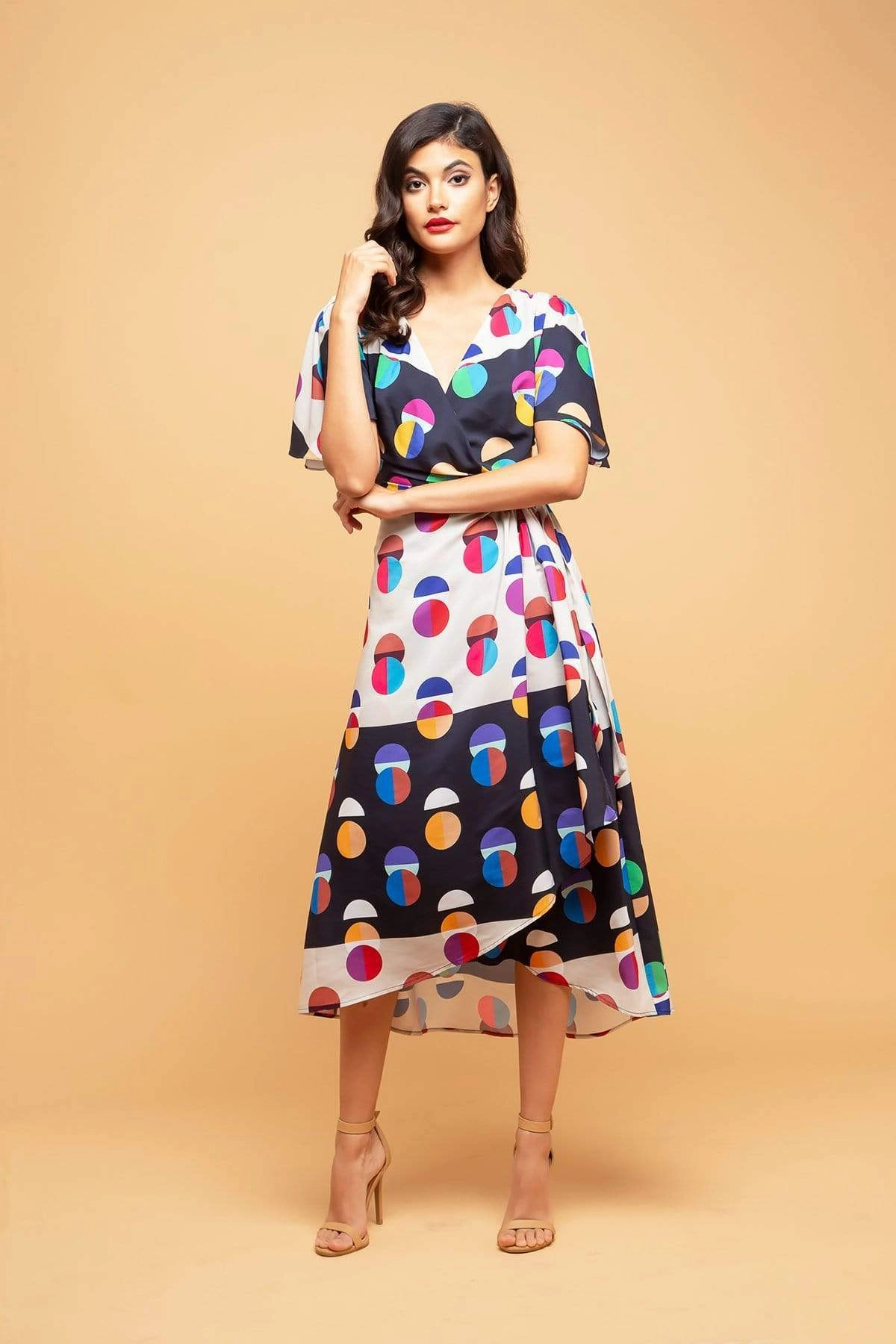 Skater Shape Marika Faux Wrap Dress With Dolman Sleeves - Miro Dot