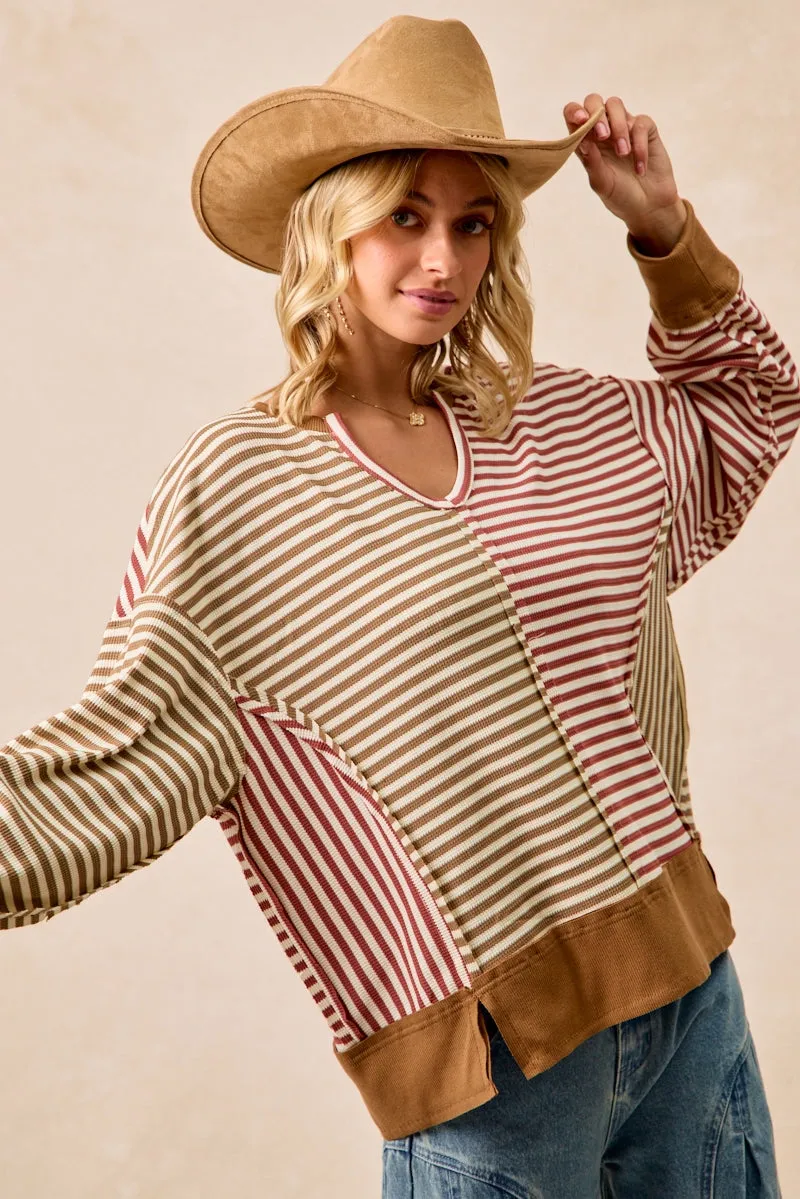 Casual chic Casual Comfort IT4639S-01 | STRIPE THERMAL KNIT COLOR BLOCK TOP WITH OPEN SEAM