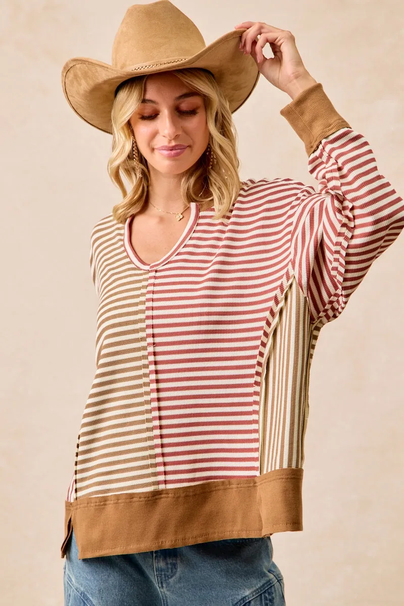 IT4639S-01 | STRIPE THERMAL KNIT COLOR BLOCK TOP WITH OPEN SEAM City Vibe