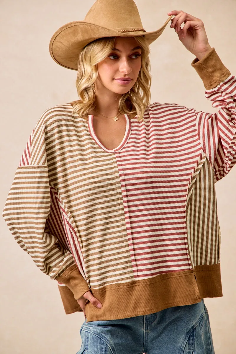 IT4639S-01 | STRIPE THERMAL KNIT COLOR BLOCK TOP WITH OPEN SEAM Freedom Fit Trendy Design