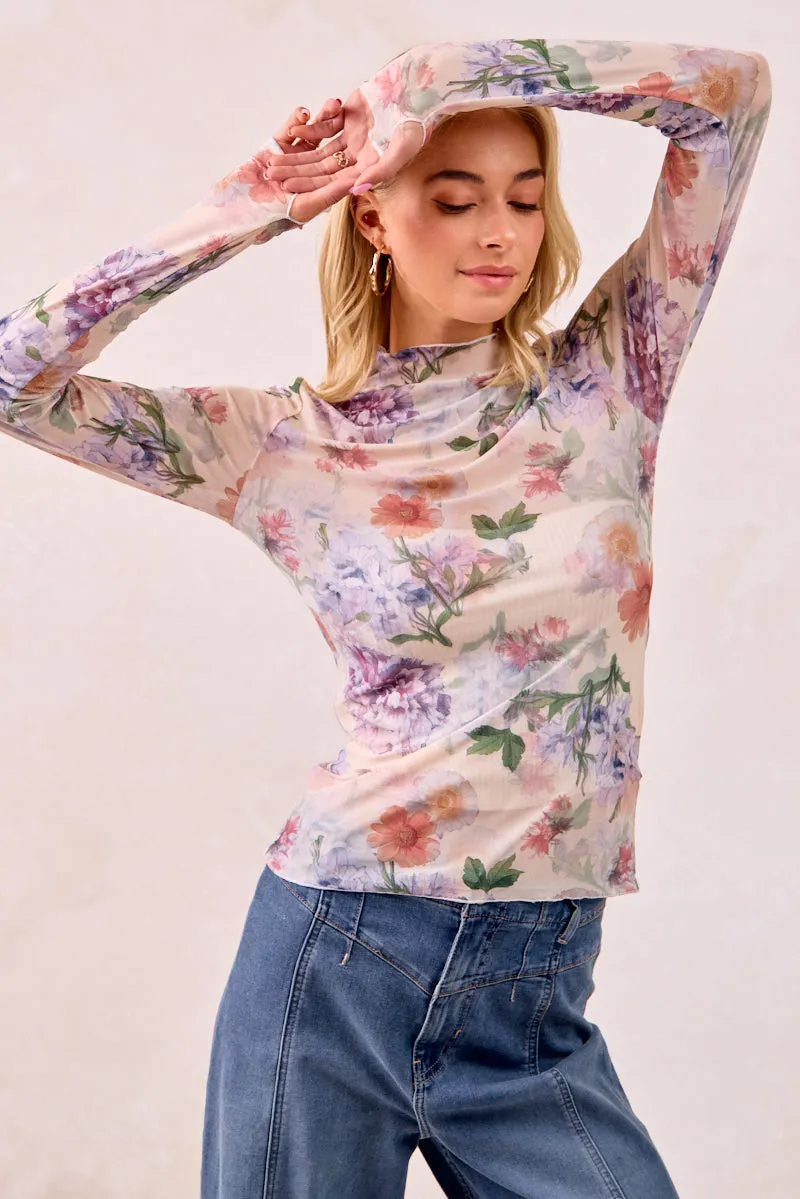 IT4077S-05 | FLOWER PRINTED MESH LACE LONG SLEEVE TOP HIGH NECK Wind Shield