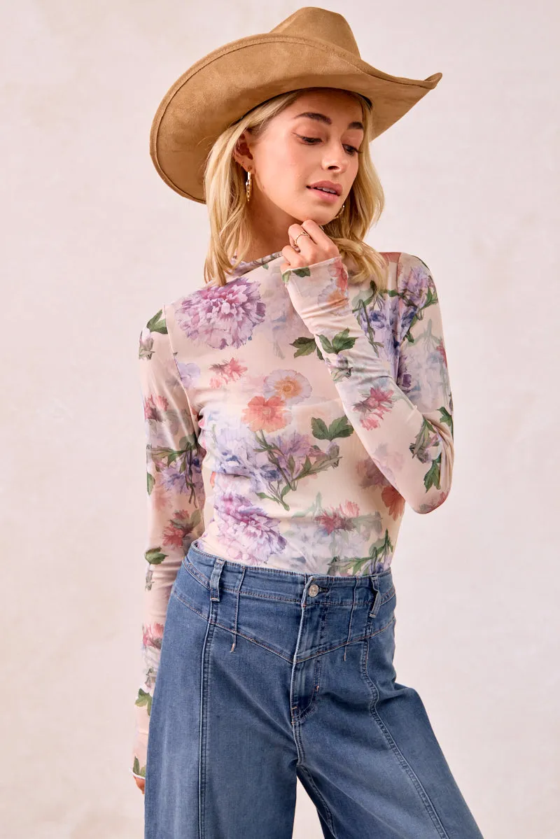 Adventure Day Look Everyday Layer Style IT4077S-05 | FLOWER PRINTED MESH LACE LONG SLEEVE TOP HIGH NECK