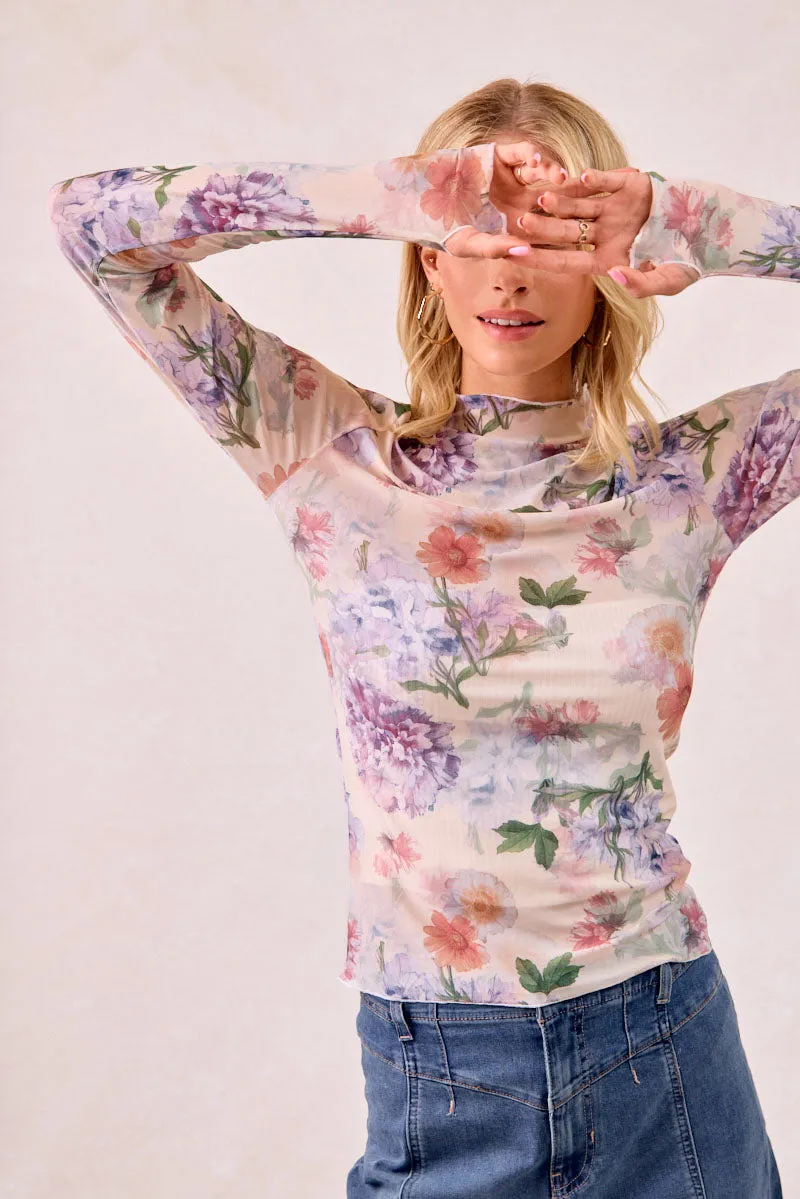 Travel Functional Wear Functional Look IT4077S-05 | FLOWER PRINTED MESH LACE LONG SLEEVE TOP HIGH NECK