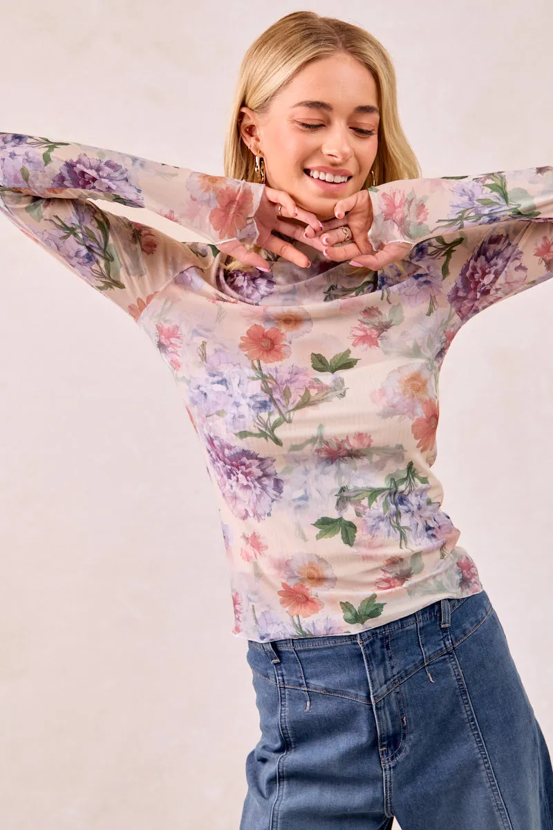 IT4077S-05 | FLOWER PRINTED MESH LACE LONG SLEEVE TOP HIGH NECK Smart Casual