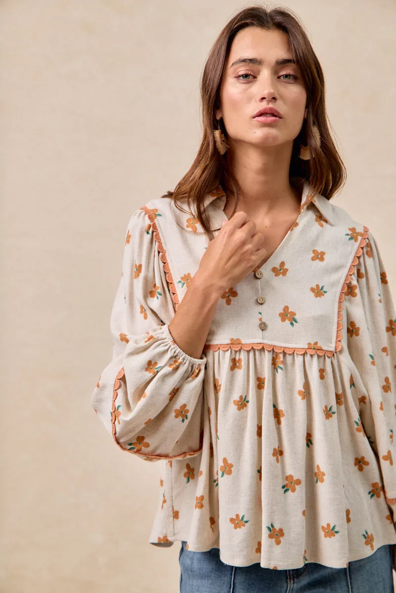 IT4532S-01 | FLORAL PRINTED LINEN COLLARED TOP WITH RIC RAC TRIM DETAIL Waterproof Fabric