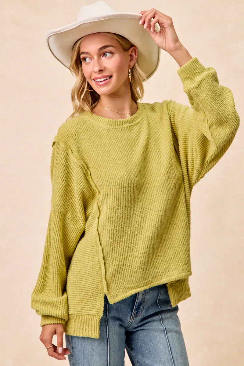 Street Explorer Fit IT4458S-02 | BOUCLE RIB KNIT UNEVEN HEM TOP WITH OPEN SEAM
