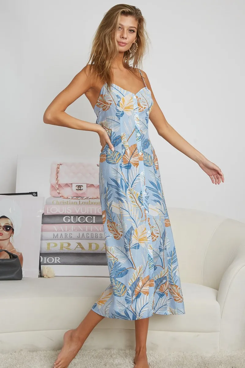 IP7239 | OPEN BACK WITH TIE TROPICAL PRINT DRESS Wrinkle Resistant Flexible Waist