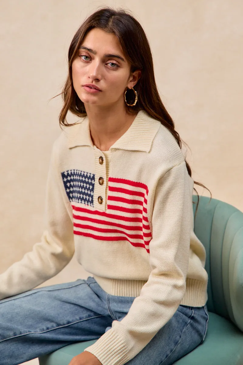 Outdoor Adventure Wear Structured Casual Fit IT4814-01 | AMERICA FLAG ARTWORK SWEATER TOP