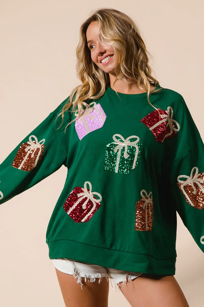 IT1508G-30 | SEQUIN CHRISTMAS GIFT BOX EMBROIDERIES PULLOVER Water Resistant Coat Quick Wear Fit