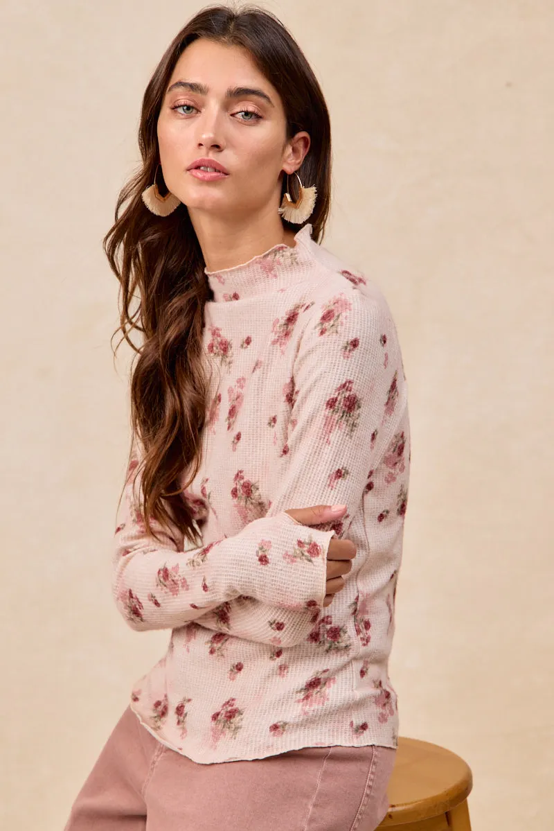 IT4077S-07 | HIGH NECKLINE TEXTUR FLORAL PRINTED TOP WITH THUMB Fringe Detail