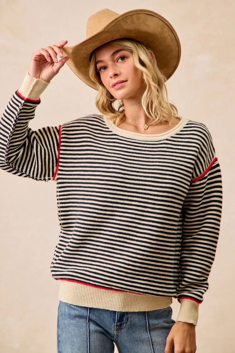 Headphone Hole Weather Friendly IT4686S-01 | STRIPE KNIT CONTRAST BINDING TOP